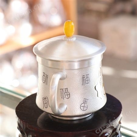 百福纯手工纯银茶杯主人杯999办公室专用银水杯带盖马克杯子