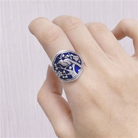意轩烧蓝鸟语花香戒指复古民族风滴胶工艺女活口可调节饰品
