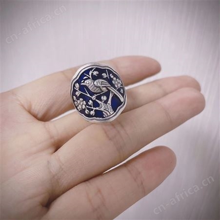 意轩烧蓝鸟语花香戒指复古民族风滴胶工艺女活口可调节饰品