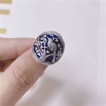 意轩烧蓝鸟语花香戒指复古民族风滴胶工艺女活口可调节饰品